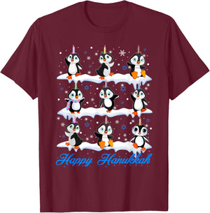 Happy Hanukkah Penguin Chanukkah Jewish Holiday Pajama T-Shirt - T-Shirt | Maroon