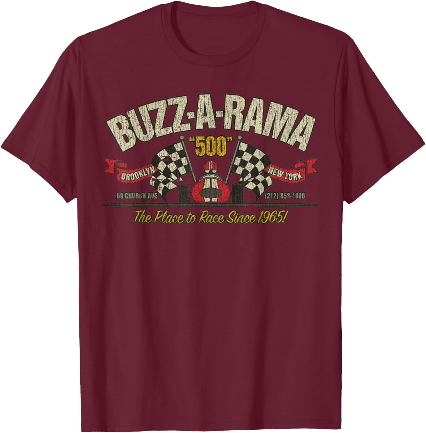 Vintage Buzz-A-Rama 1965 Retro 60s Car NYC Lover T-Shirt - T-Shirt | Maroon