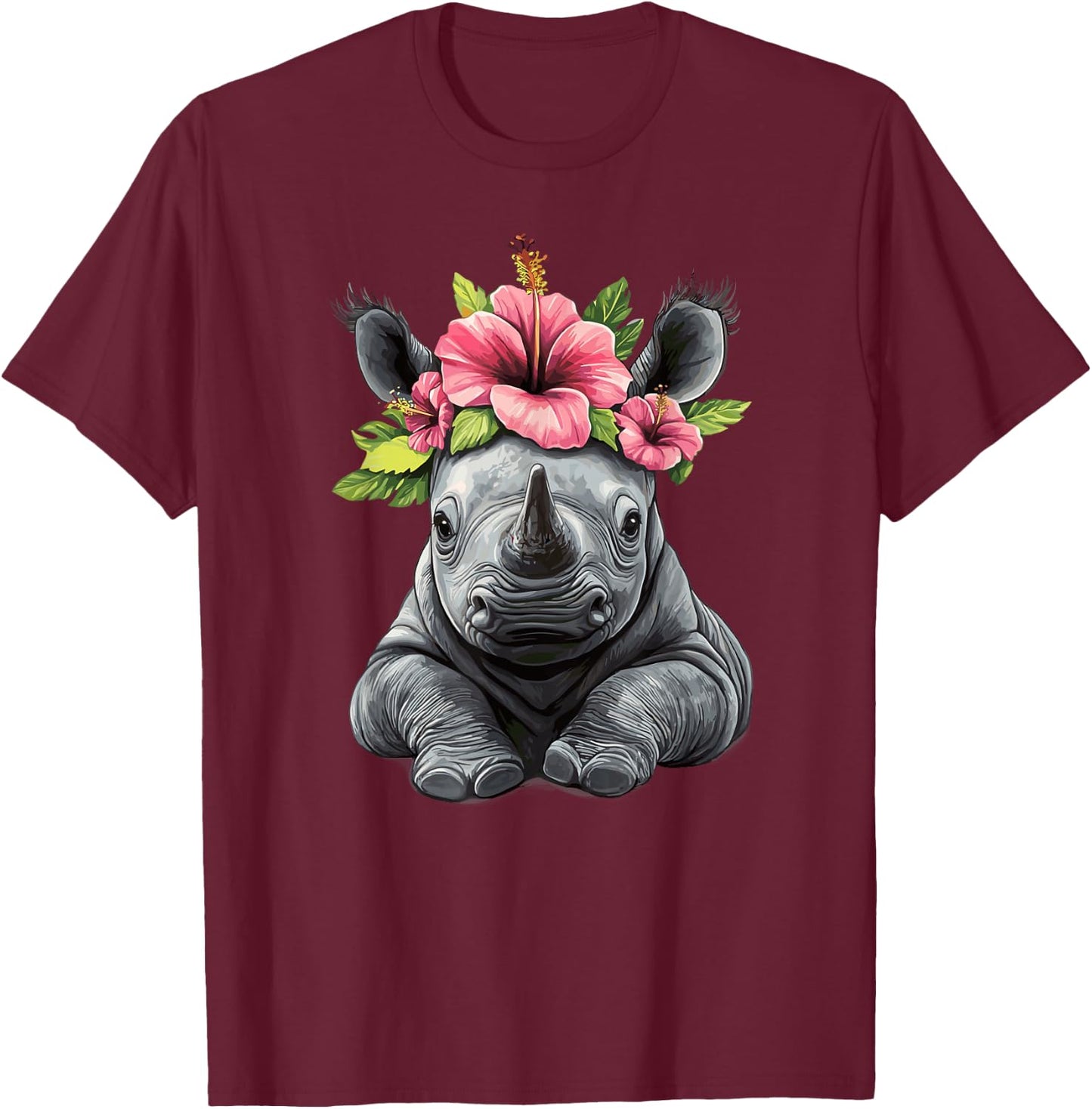 Adorable Baby Rhino With Flower Crown T-Shirt - T-Shirt | Maroon