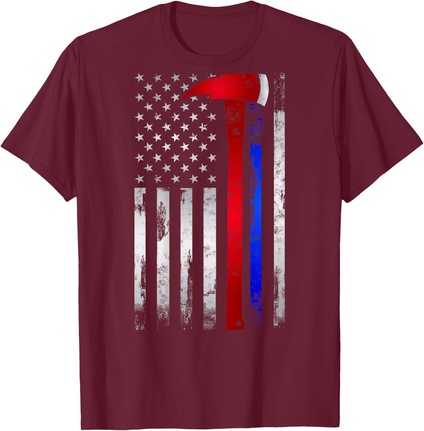 Thin Red Blue line American Flag Axe Gift Firefighter Police T-Shirt - T-Shirt | Maroon