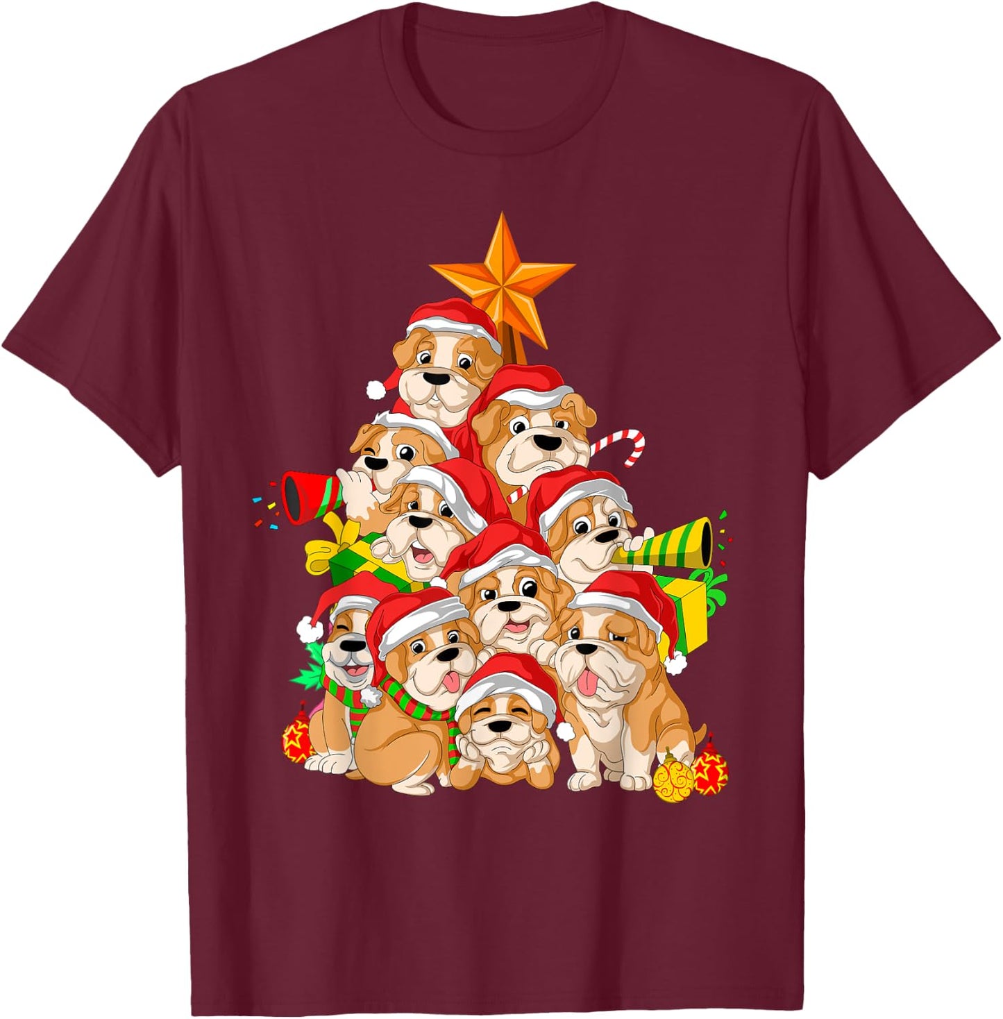 English Bulldog Christmas Tree Dog Xmas Gift Women Kids T-Shirt - T-Shirt | Maroon