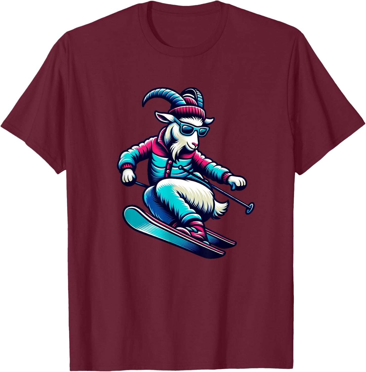 Funny Goat Skiing Downhill Winter Sports Design T-Shirt - T-Shirt | Maroon