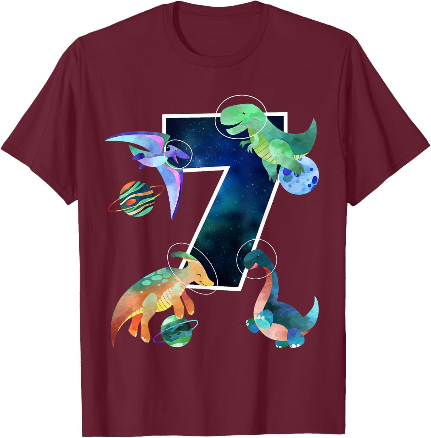 Kids Astronaut Outer Space Dinosaurs 7th Birthday Boy Gift T-Shirt - T-Shirt | Maroon