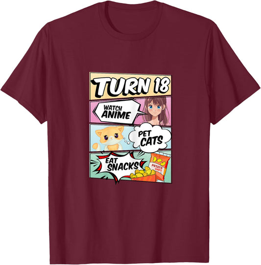18th Birthday Anime Girl turns 18 pet cats watch anime T-Shirt - T-Shirt | Maroon
