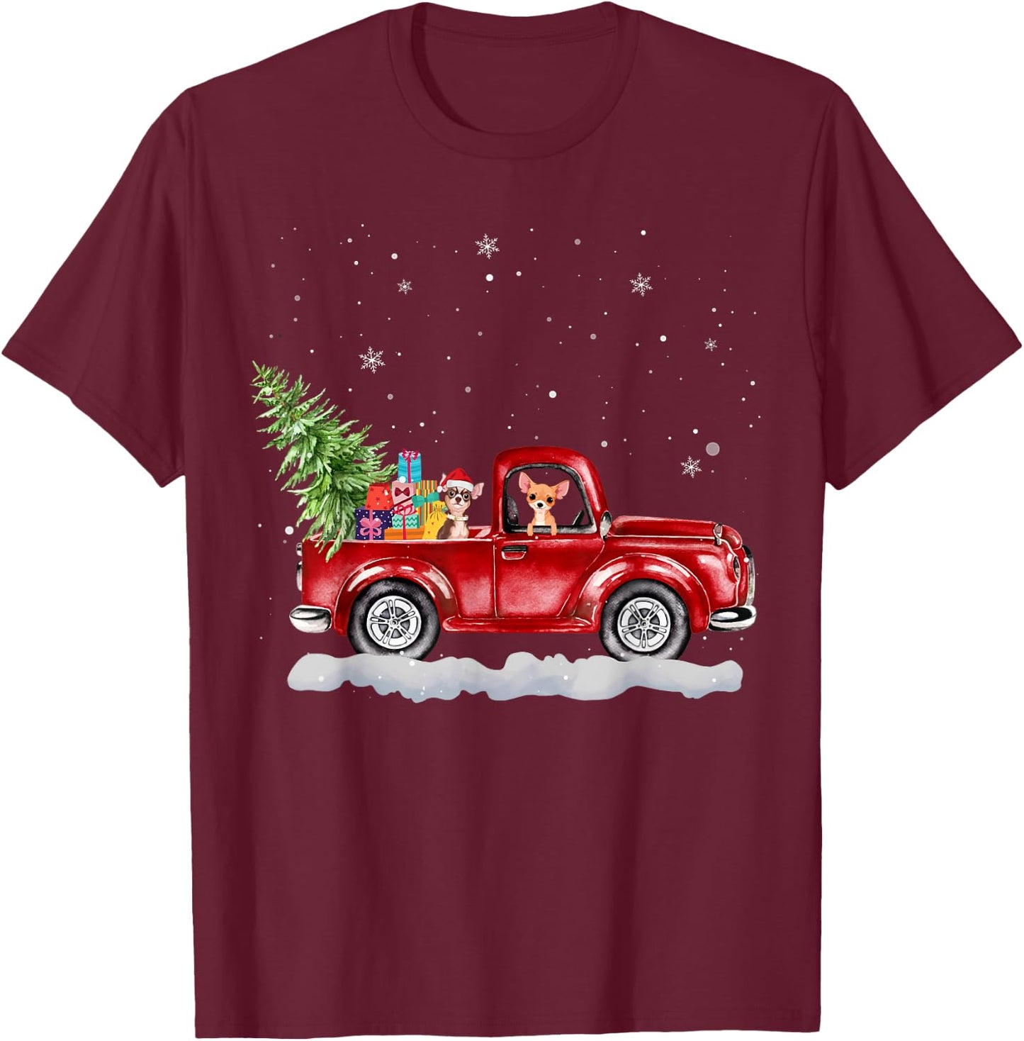 Christmas Chihuahua Dogs Ride Red Truck Costumer T-Shirt - T-Shirt | Maroon
