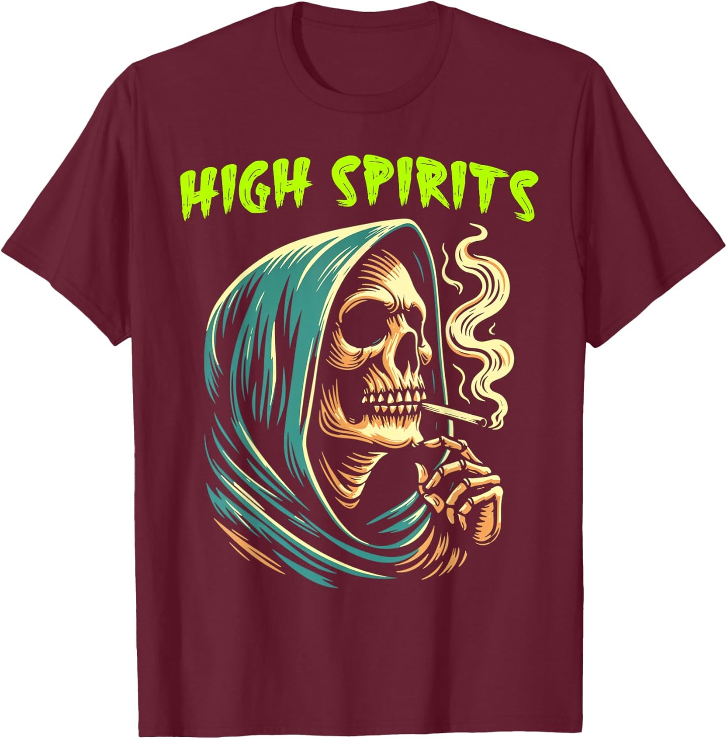 High Spirits Skull Smoking Reaper Grim Reaper High Spirits T-Shirt - T-Shirt | Maroon