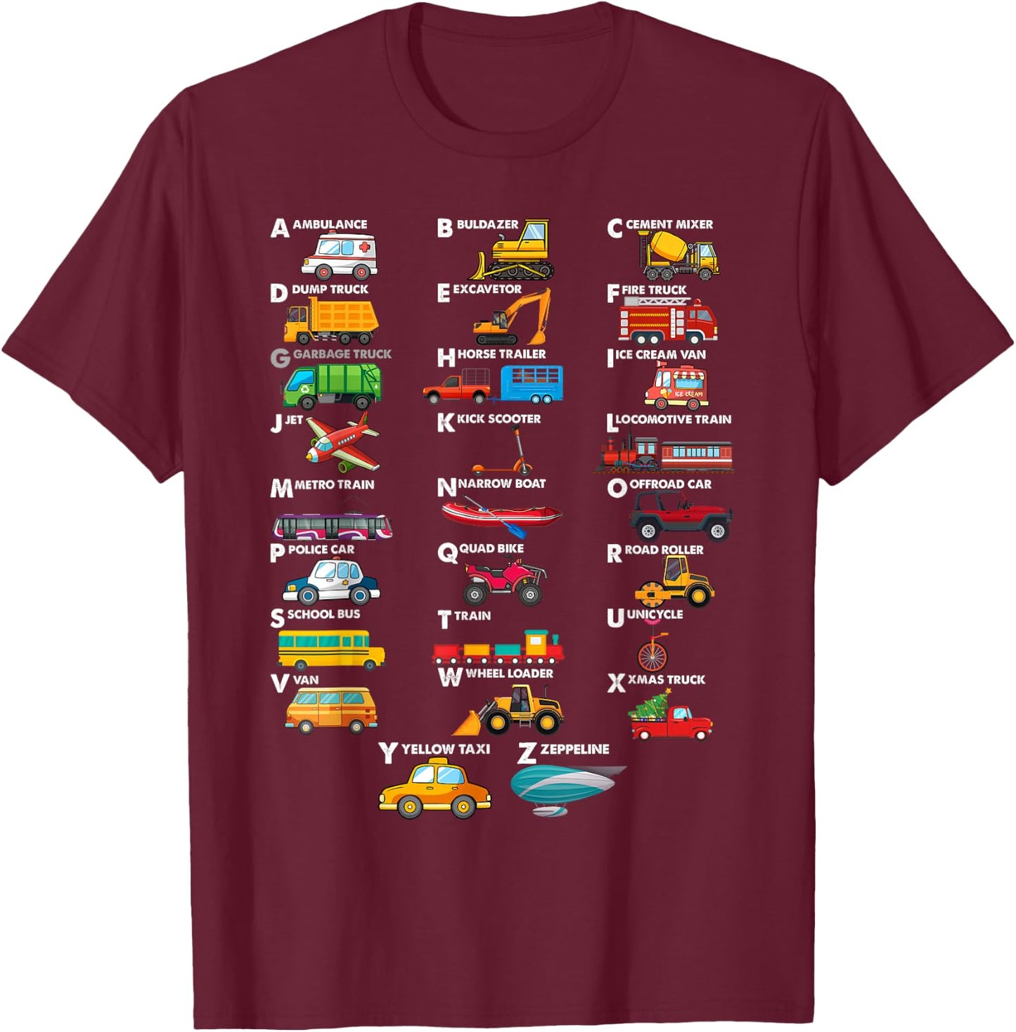 Truck Construction Vehicles ABC Boys Men Women Toddler T-Shirt - T-Shirt | Maroon