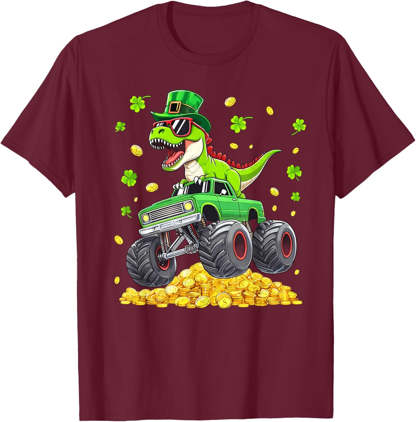 St Patricks Day Dinosaur T-rex Monster Truck Pattys Boy Men T-Shirt - T-Shirt | Maroon