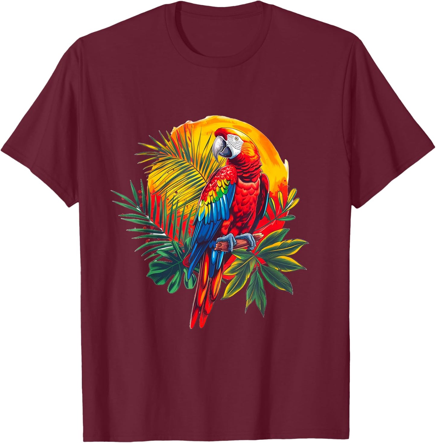 Scarlet Macaw Paradise: Tropical Parrot and Nature Sunset T-Shirt - T-Shirt | Maroon