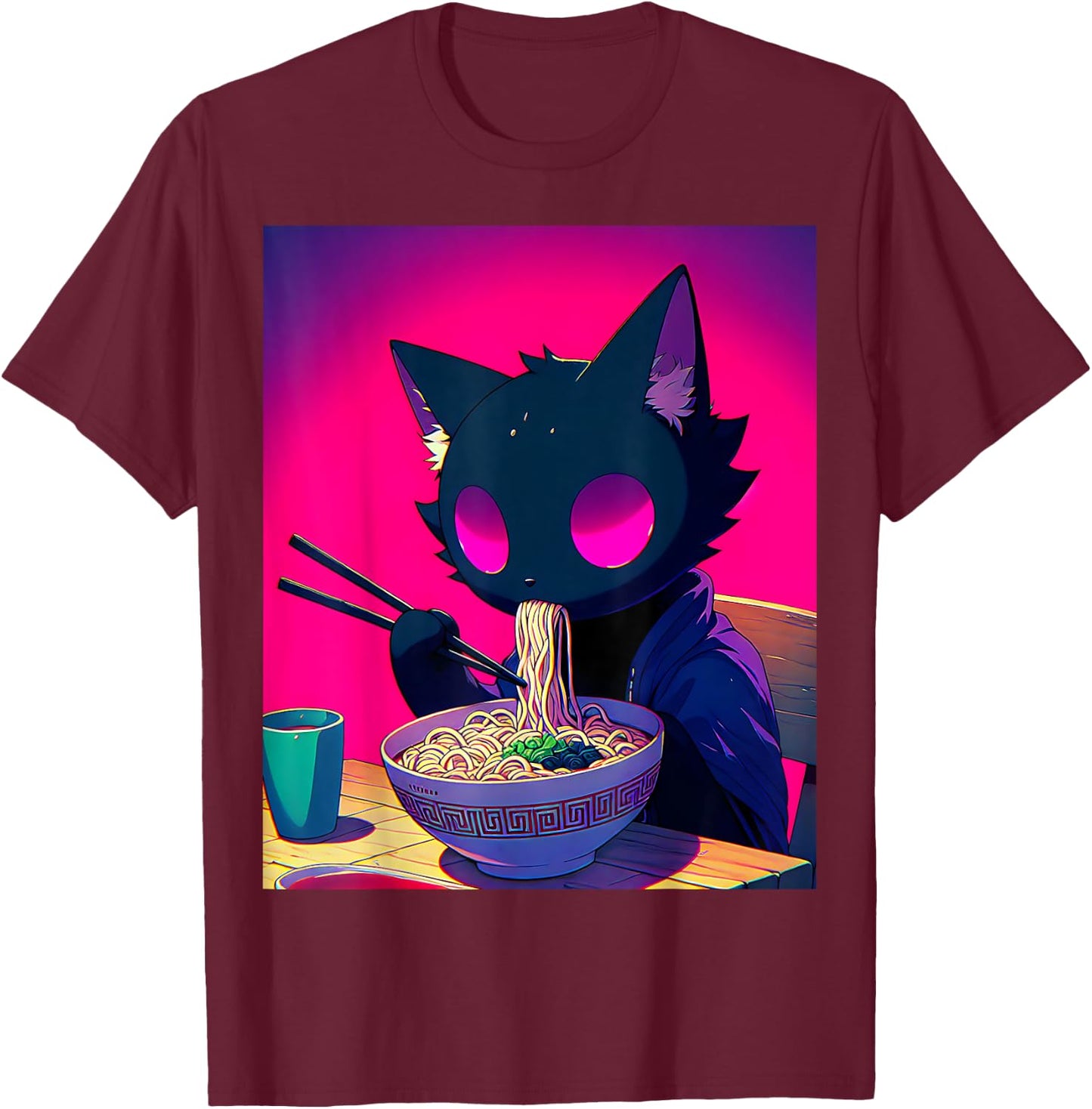 Void Black Cat Eating Ramen Anime Cat Gifts Men Women Kids T-Shirt - T-Shirt | Maroon