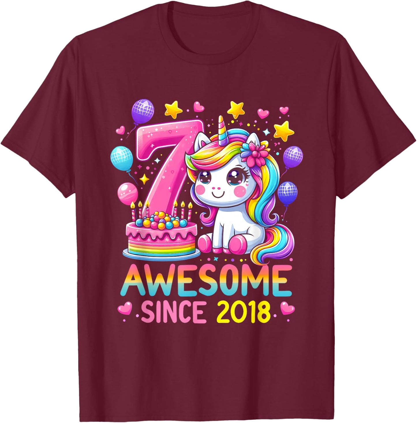 Unicorn 7th Birthday 7 Year Old Party Awesome Since 2018 T-Shirt - T-Shirt | Maroon
