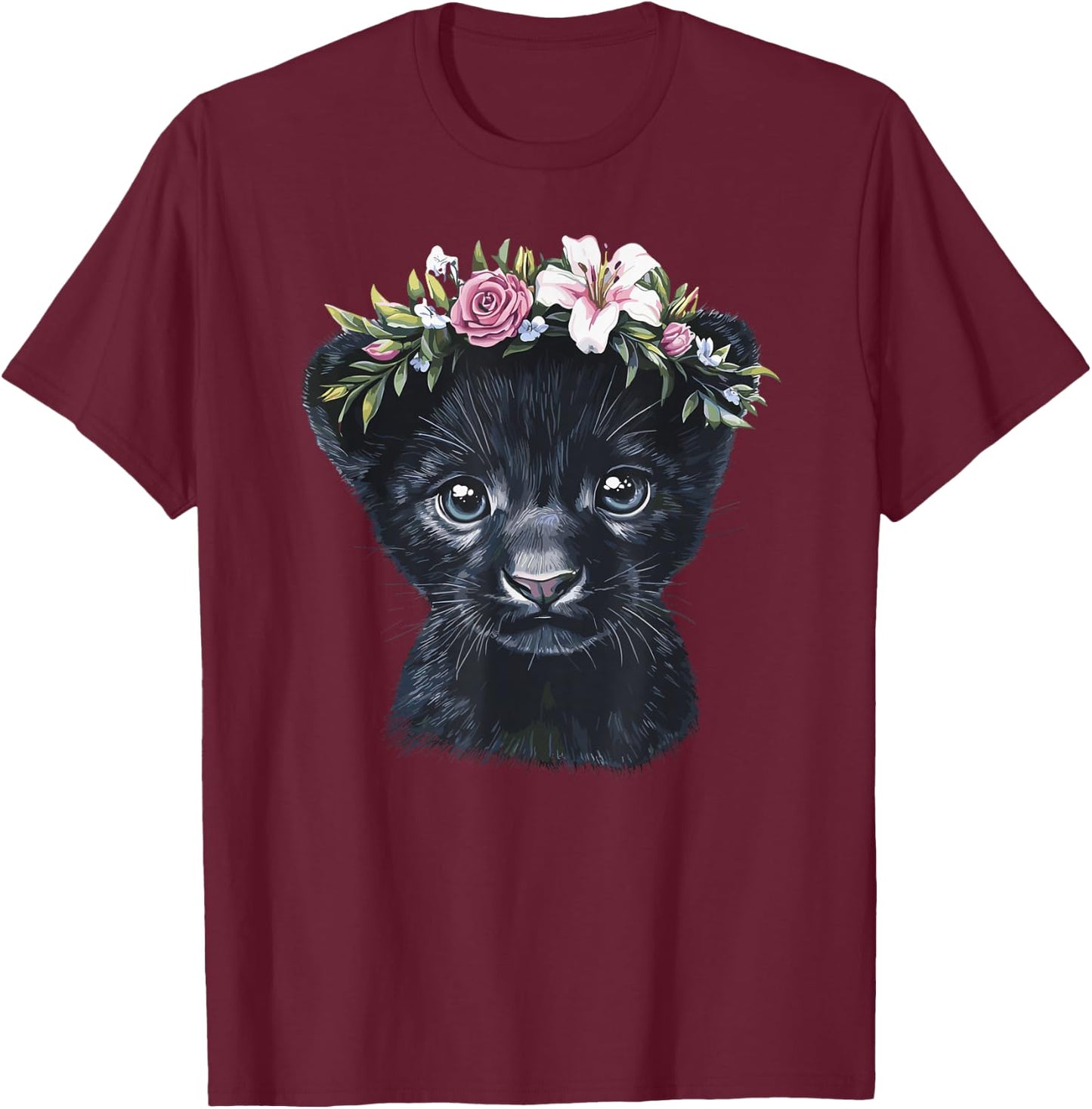 Adorable Black Panther Cub with Flower Crown T-Shirt - T-Shirt | Maroon