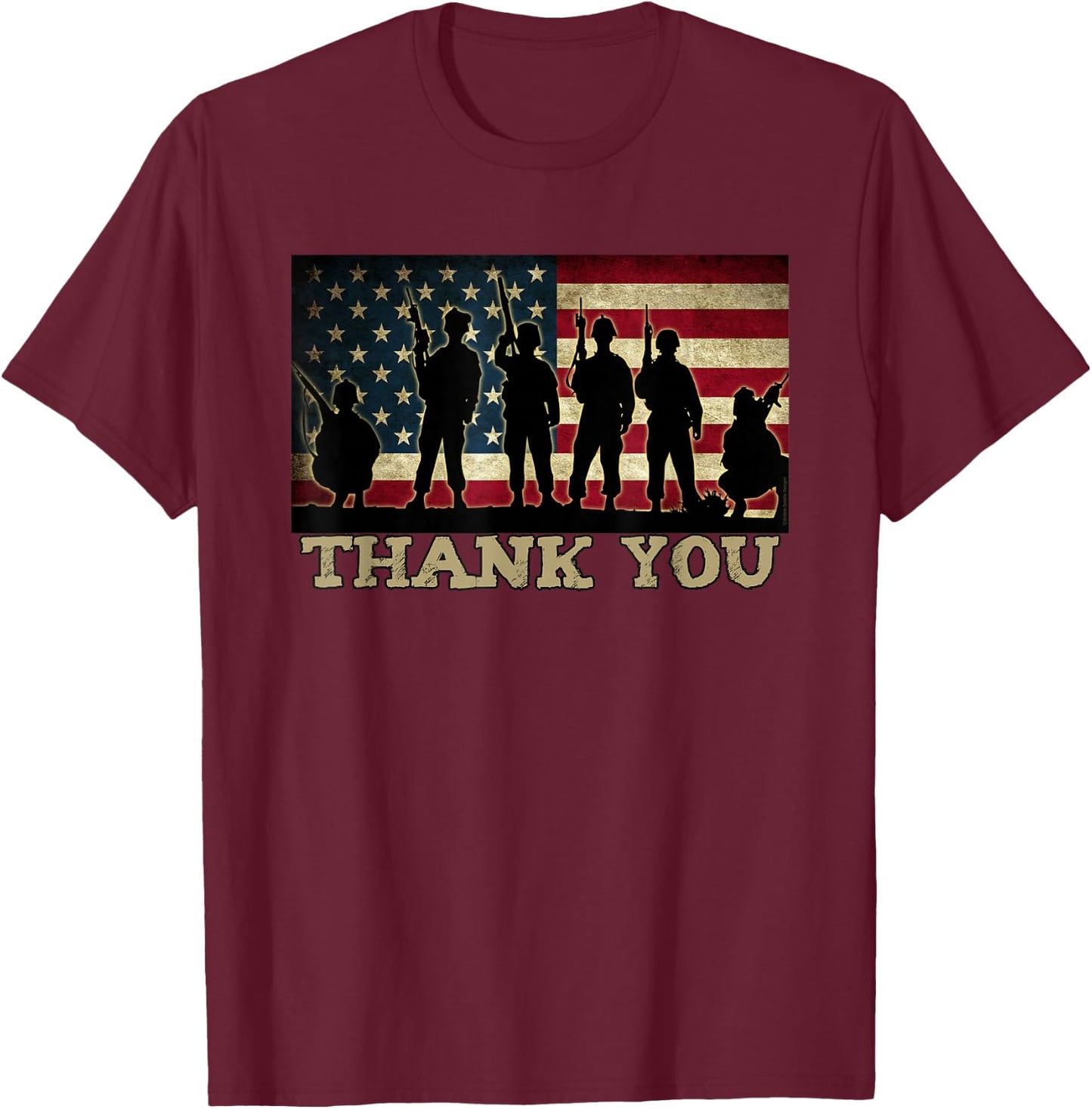 Patriotic Thank You Soldiers Veterans American Flag Military T-Shirt - T-Shirt | Maroon