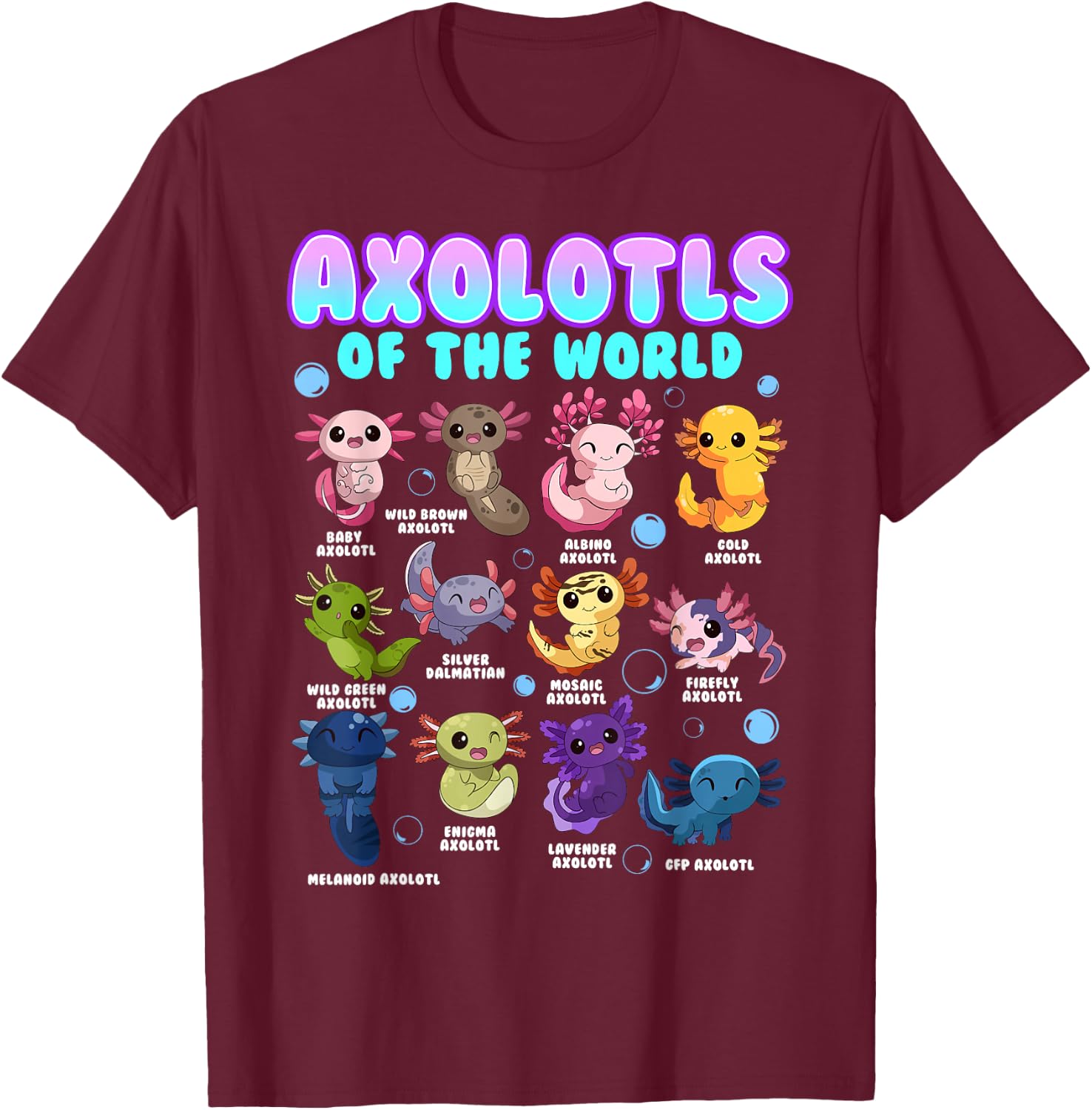 Axolotl Animals of the World Kawaii Salamander Herpetology T-Shirt - T-Shirt | Maroon
