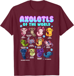 Axolotl Animals of the World Kawaii Salamander Herpetology T-Shirt - T-Shirt | Maroon