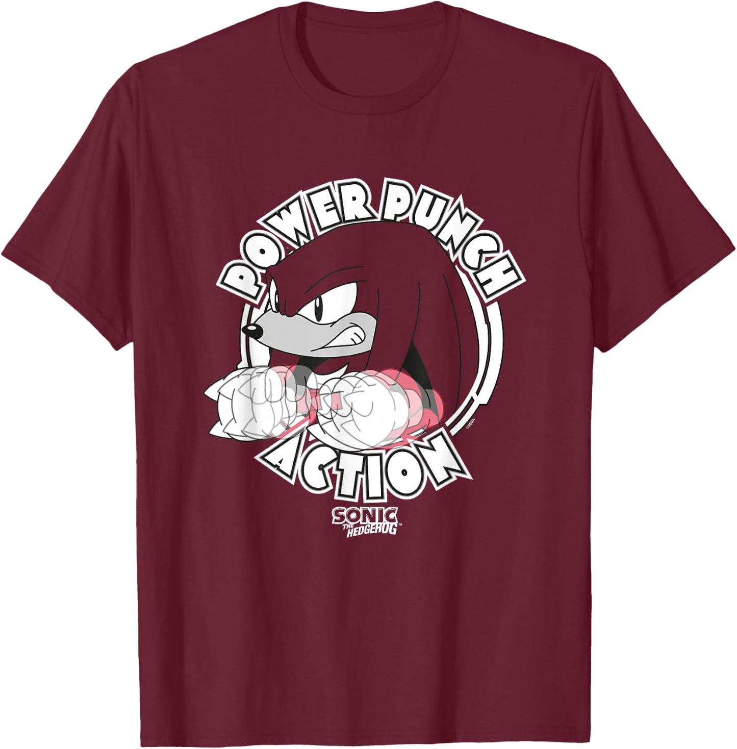 Sonic The Hedgehog Power Punch Action Knuckles T-Shirt - T-Shirt | Maroon