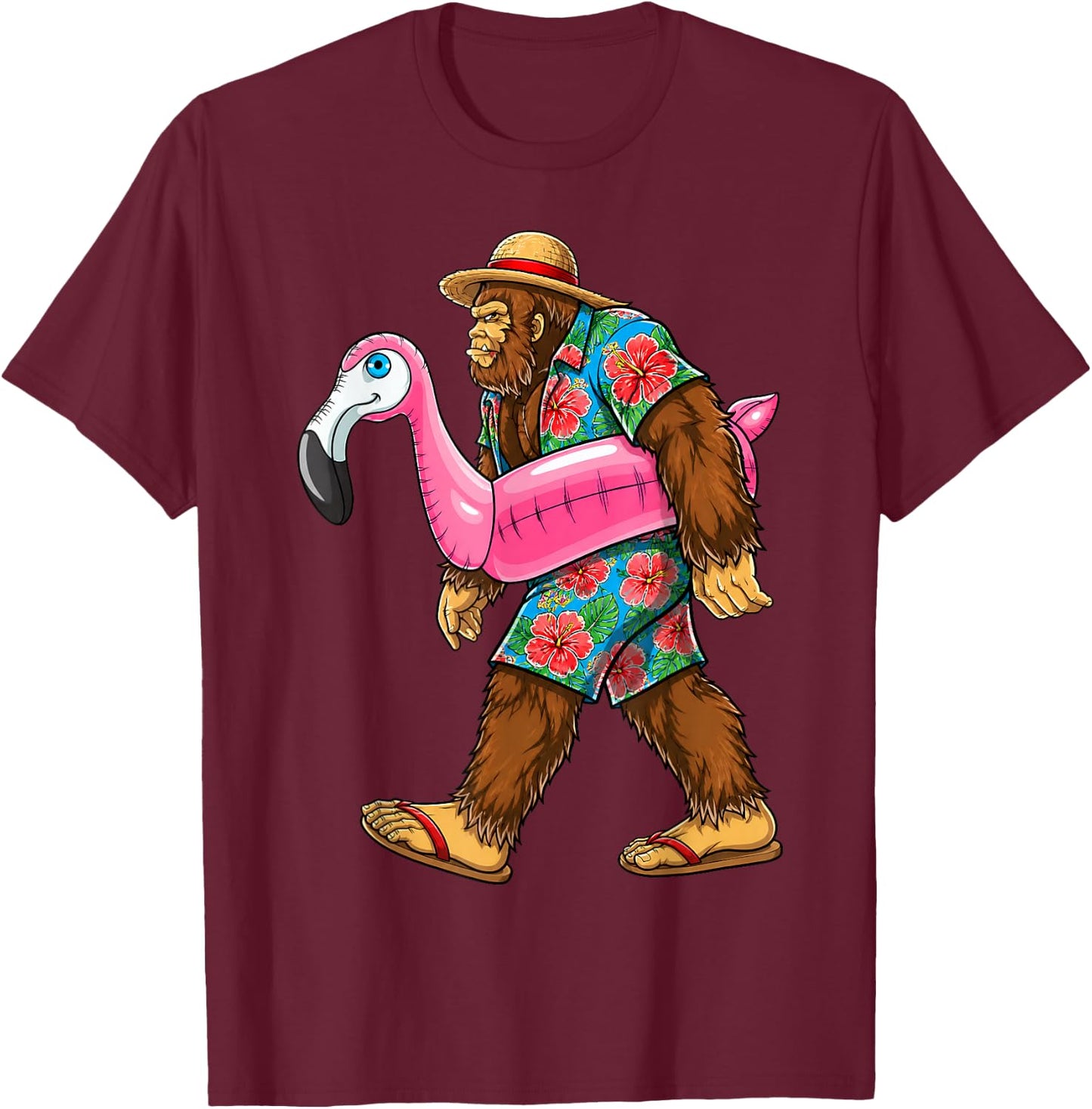 Bigfoot Flamingo Sasquatch Summer Pink Float Pool Party T-Shirt - T-Shirt | Maroon