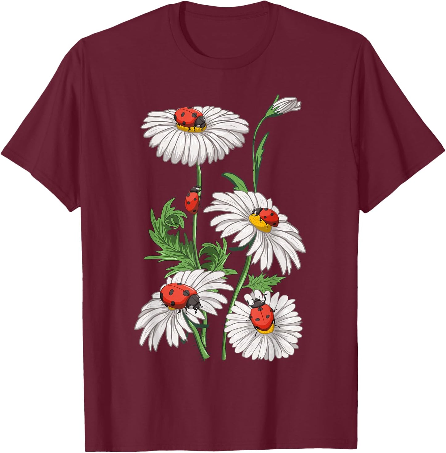 Ladybugs Daisies Chamomile Marguerites Bouquet Gardeners T-Shirt - T-Shirt | Maroon