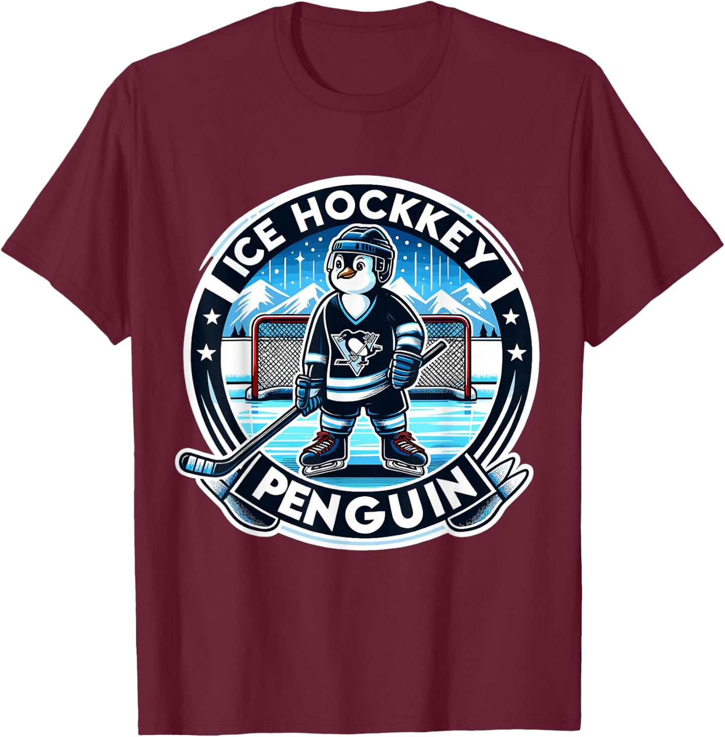 Funny Penguin design for kids, men and women Black Penguin Ice Hockey Small T-Shirt - T-Shirt | Maroon