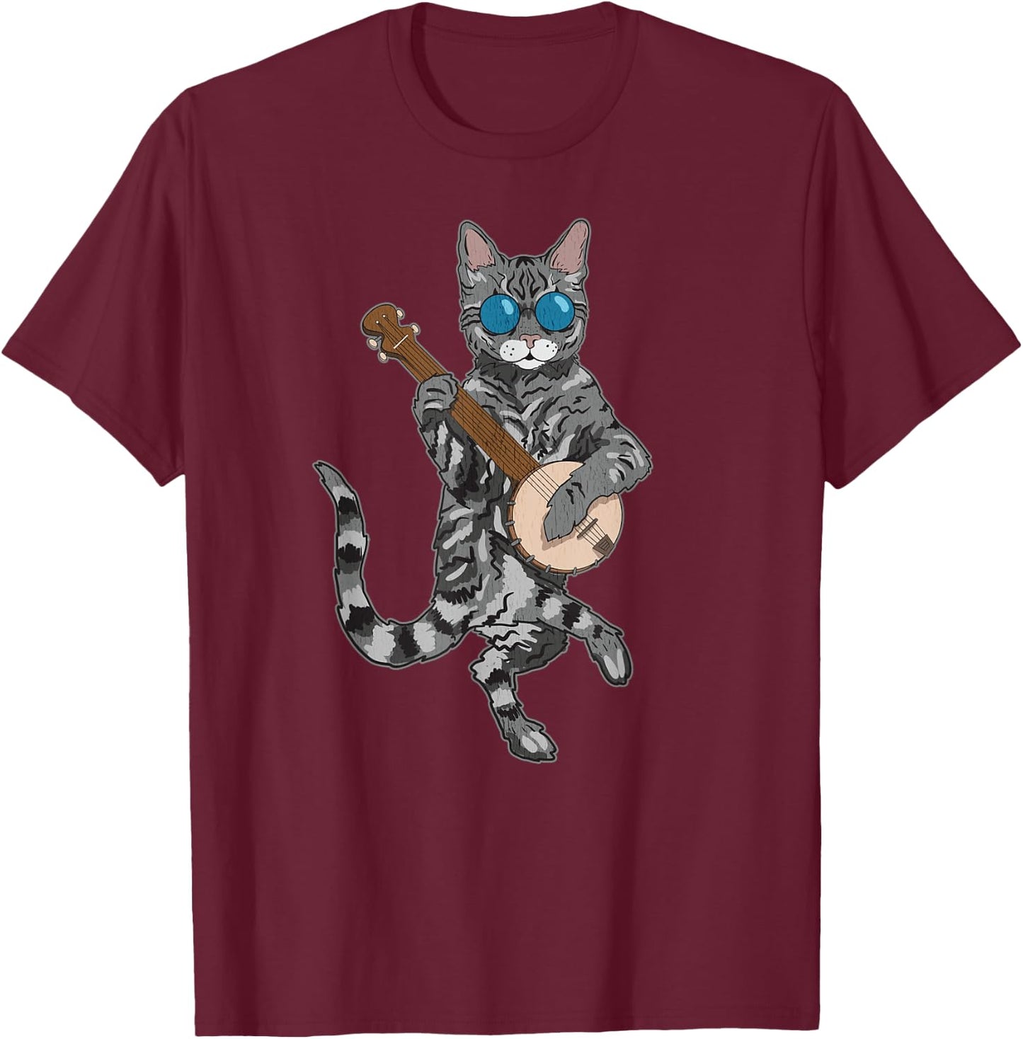 Banjo Cat Funny Retro Style Bluegrass & Tabby Feline Lover T-Shirt - T-Shirt | Maroon