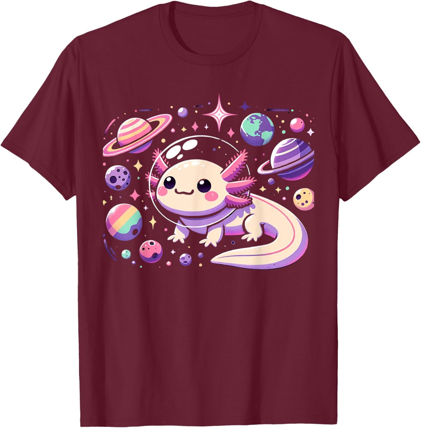 Kawaii Axolotl in Space with Planets Stars Anime Aesthetic T-Shirt - T-Shirt | Maroon