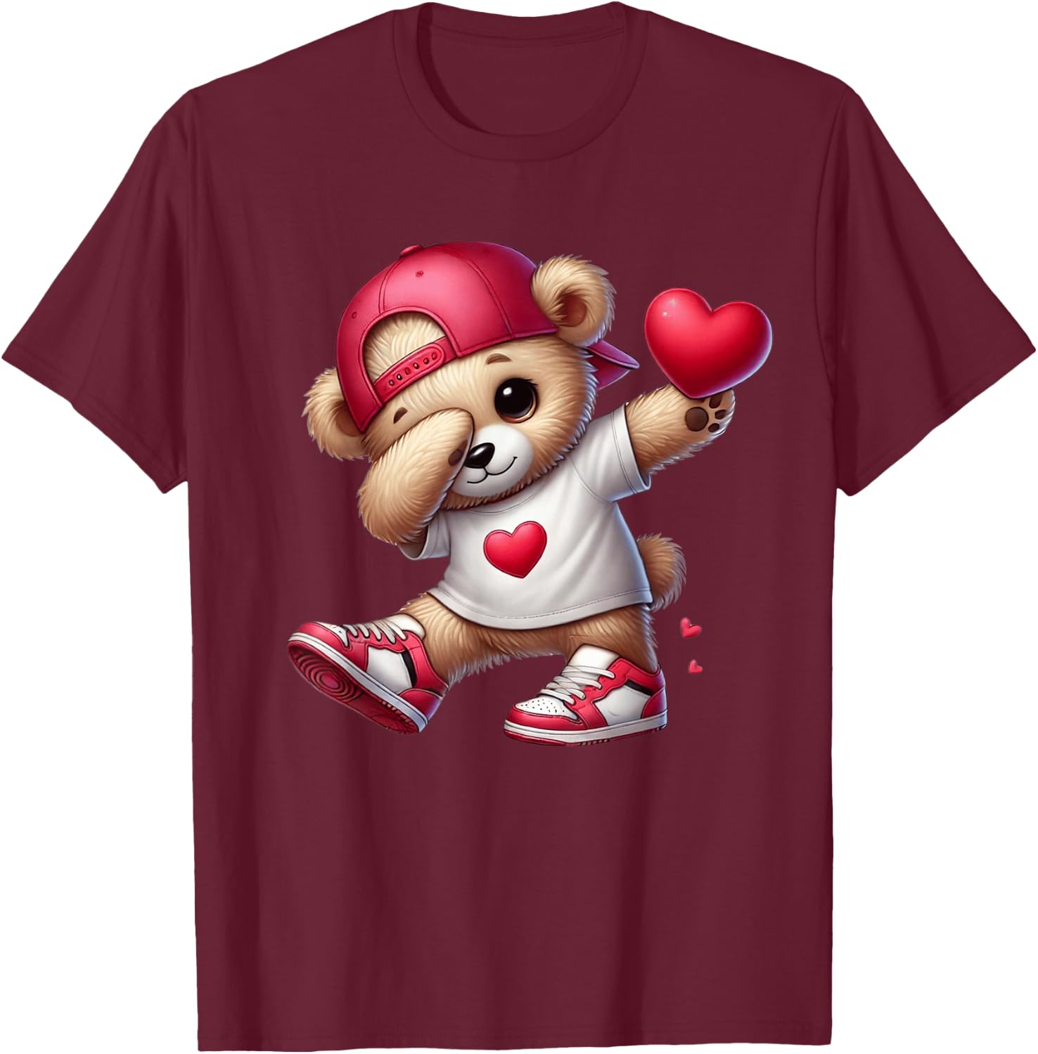 Cute Valentines Day Teddy Bear Heart Dabbing Girls Boys T-Shirt - T-Shirt | Maroon