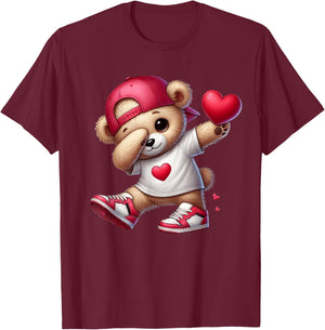 Cute Valentines Day Teddy Bear Heart Dabbing Girls Boys T-Shirt - T-Shirt | Maroon