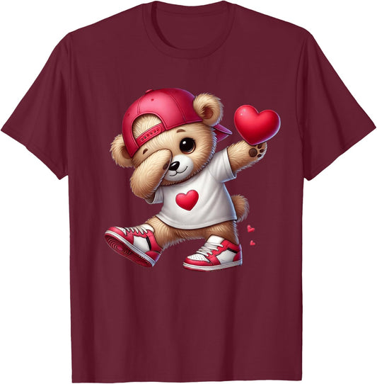 Cute Valentines Day Teddy Bear Heart Dabbing Girls Boys T-Shirt - T-Shirt | Maroon