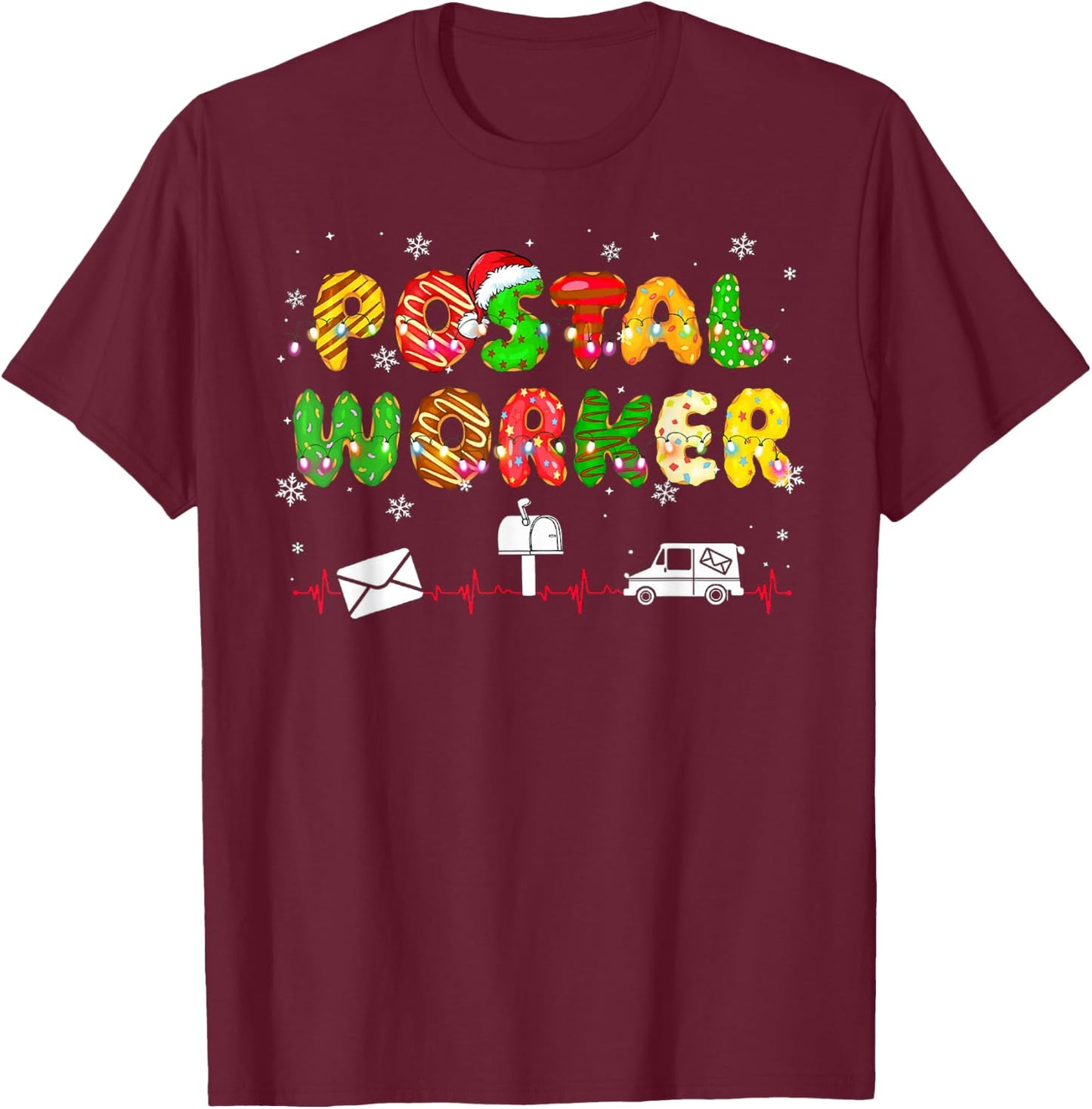 Funny Xmas Lights Postal Worker Life Heartbeat Christmas PJ T-Shirt - T-Shirt | Maroon