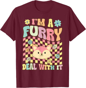 I'm A Furry Deal With It Groovy Furry Fandom Fursuit Fox T-Shirt - T-Shirt | Maroon