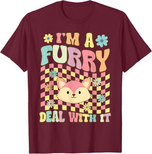 I'm A Furry Deal With It Groovy Furry Fandom Fursuit Fox T-Shirt - T-Shirt | Maroon