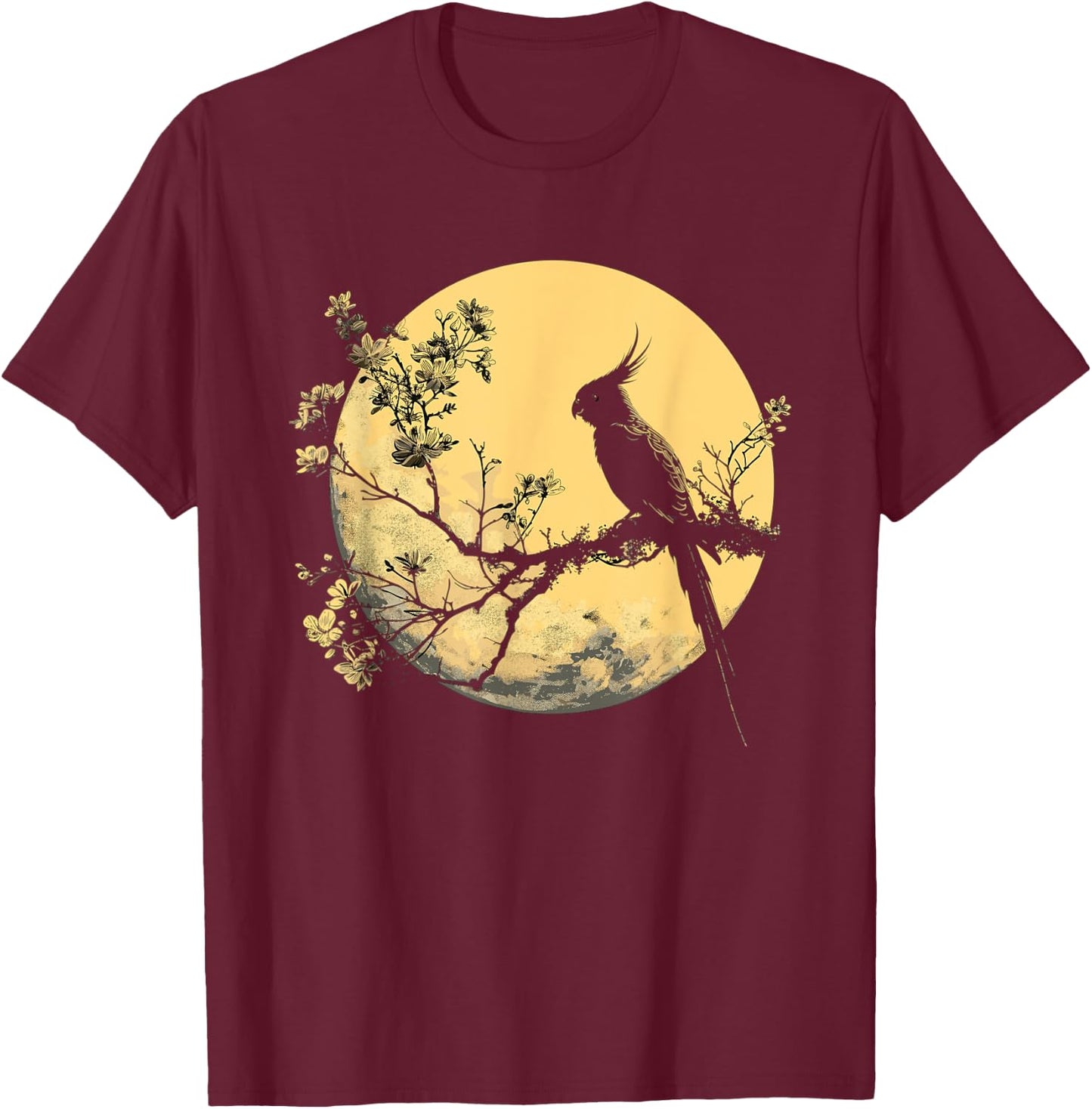 Cockatiel Parrot Lover Bird Moon and Flower T-Shirt - T-Shirt | Maroon