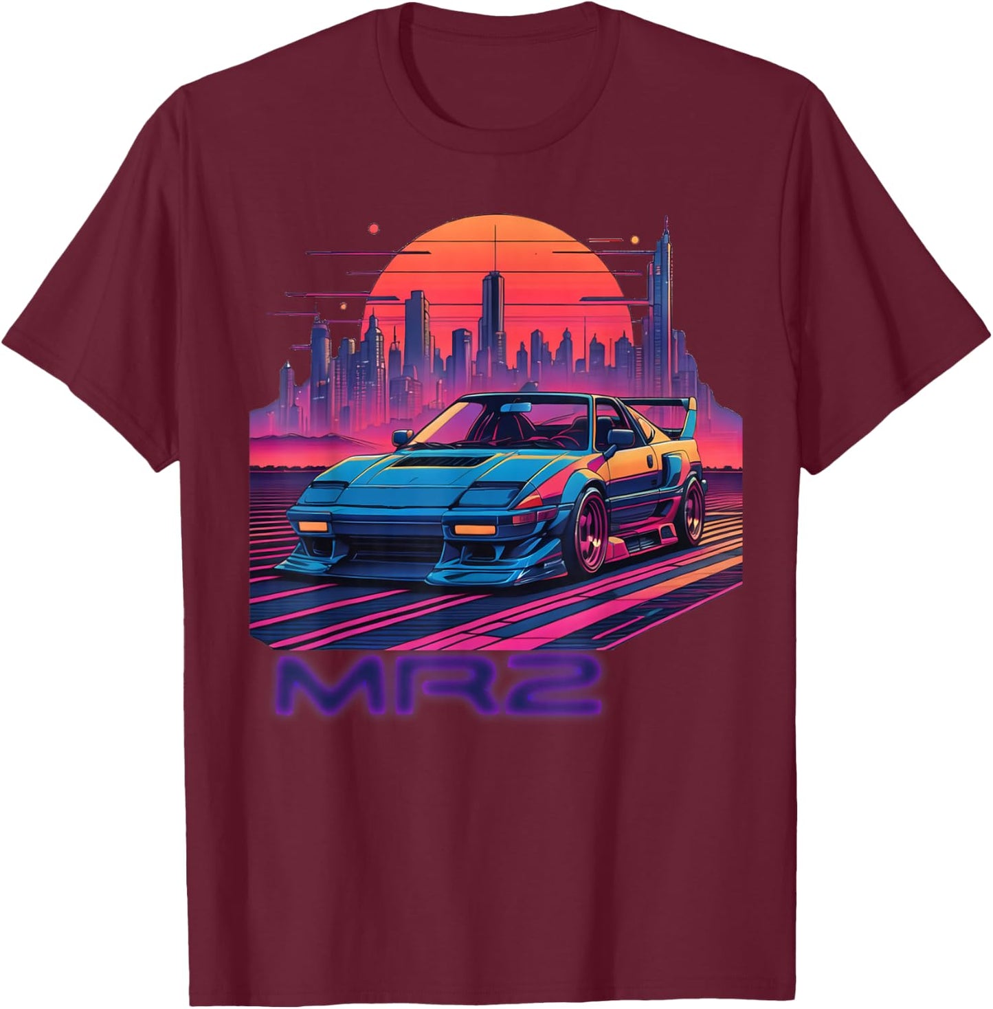 Neon Dreams: 90er Jahre Japanischer Sportwagen MR2 in Cyberpunk City T-Shirt - T-Shirt | Maroon
