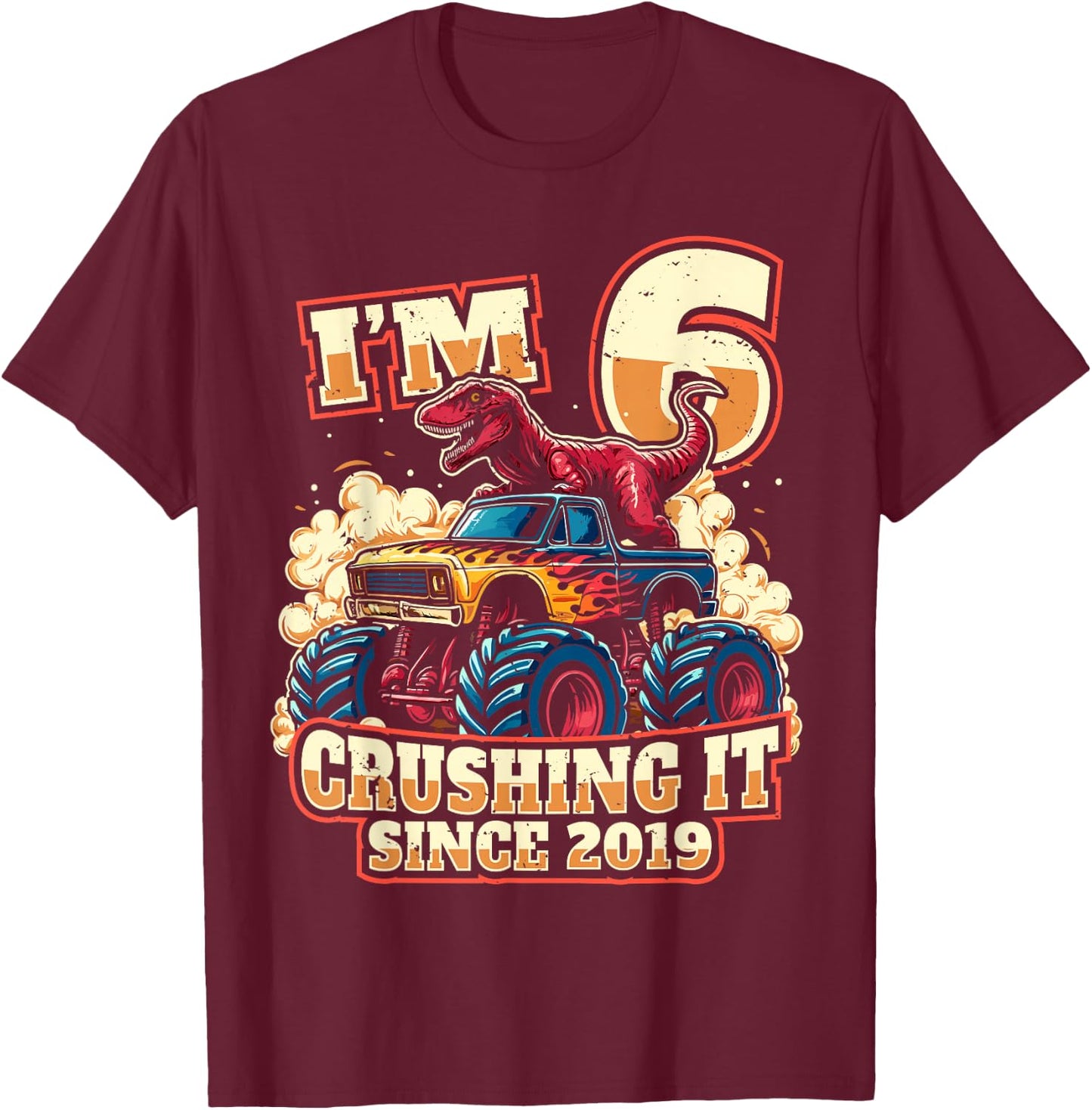 6 Year Old Boys 6th Birthday Dinosaur Monster Truck Party T-Shirt - T-Shirt | Maroon