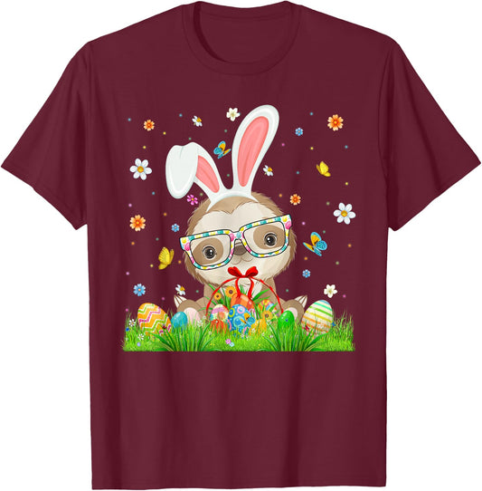 Cute Bunny Sloth & Easter Egg Basket Happy Easter Day Kids T-Shirt - T-Shirt | Maroon
