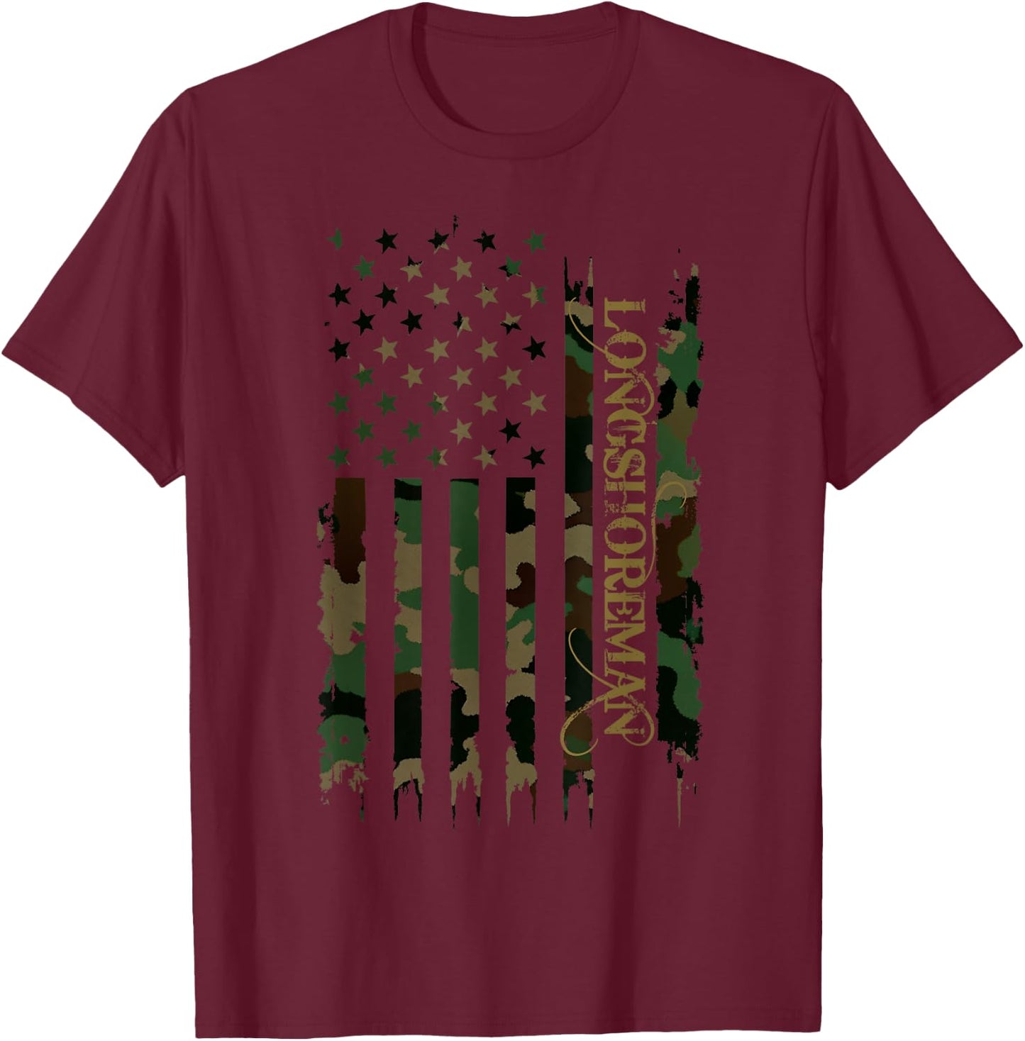 Longshoreman United States Distressed Camo w US Flag T-Shirt - T-Shirt | Maroon