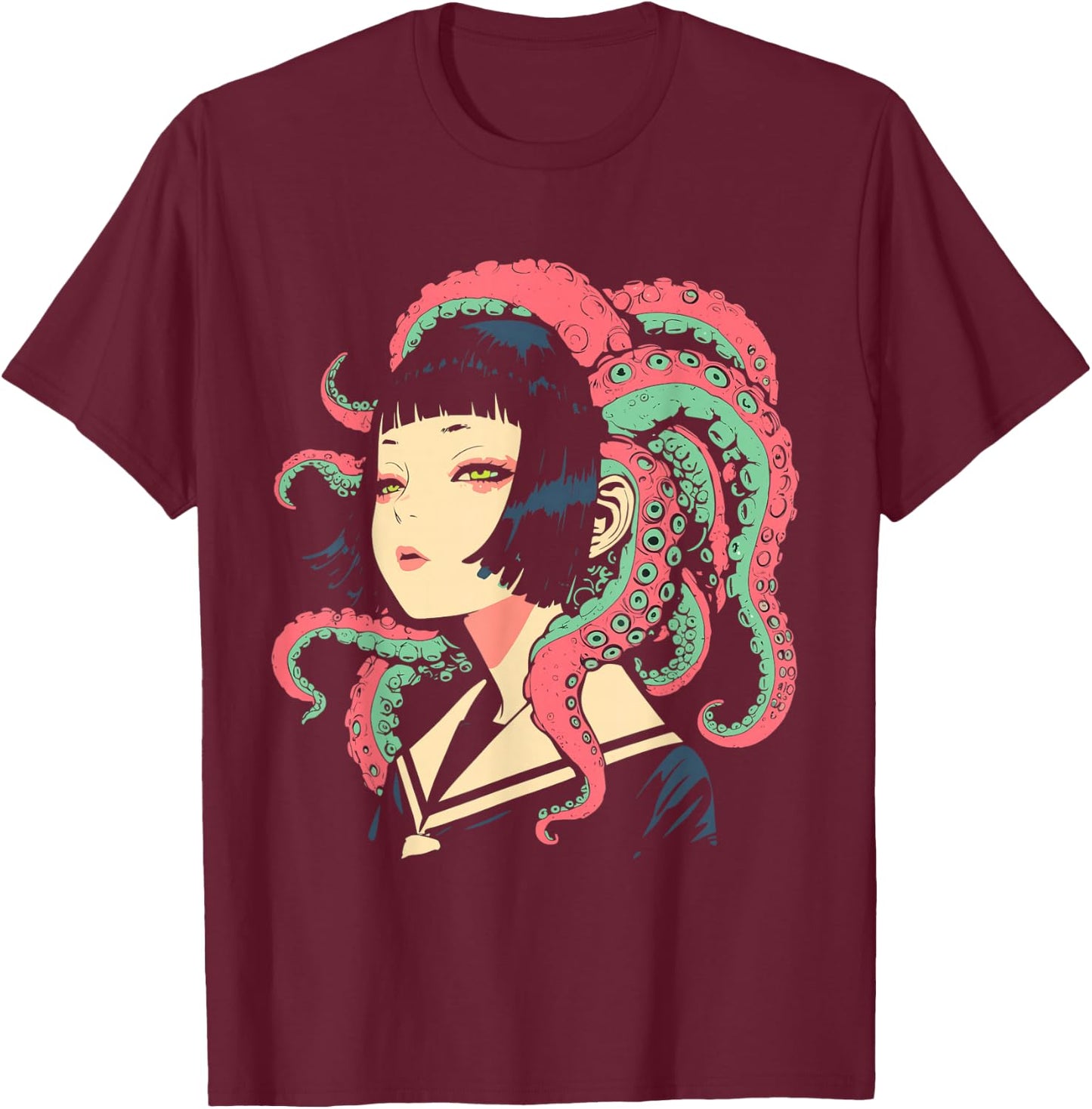 Weirdcore Anime Octopus Girl Trippy Manga Gothic Aesthetic T-Shirt - T-Shirt | Maroon