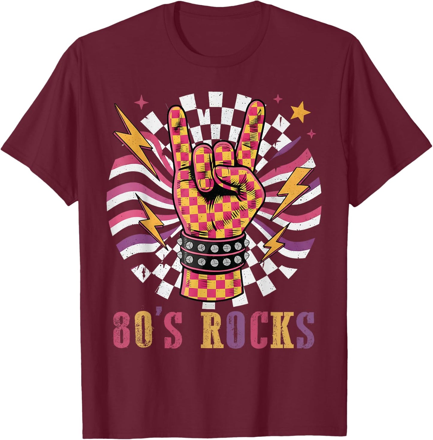 Checkered 80s Rocks Retro Vintage 1980s Rock & Roll Music T-Shirt - T-Shirt | Maroon