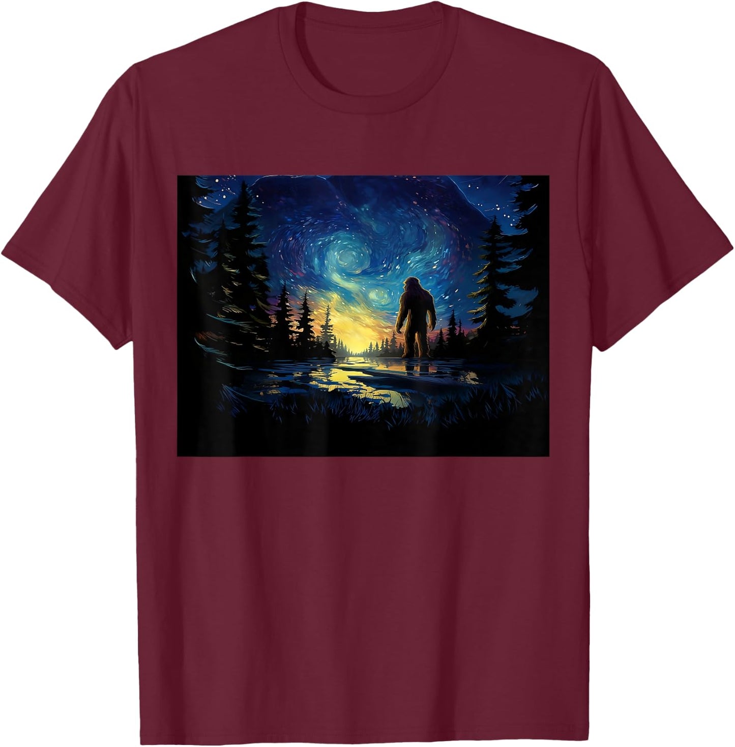 Funny Bigfoot Hiking Art Starry Night Hiker Want to Believe T-Shirt - T-Shirt | Maroon