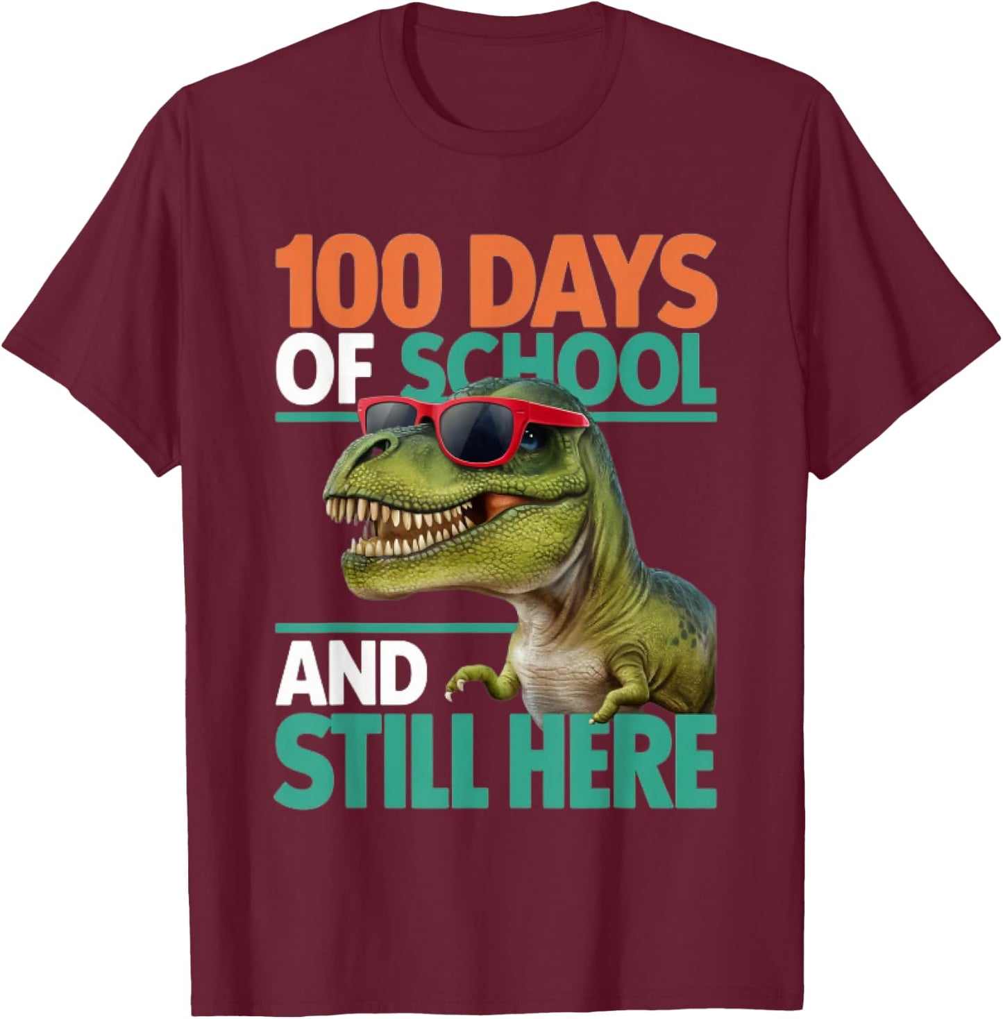 Happy 100 Days of School Trex Boys Girls Kids T-Shirt - T-Shirt | Maroon