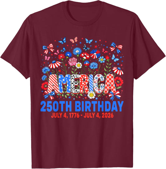 250 Years American Floral 1776 2026 250th USA 4th of July T-Shirt - T-Shirt | Maroon