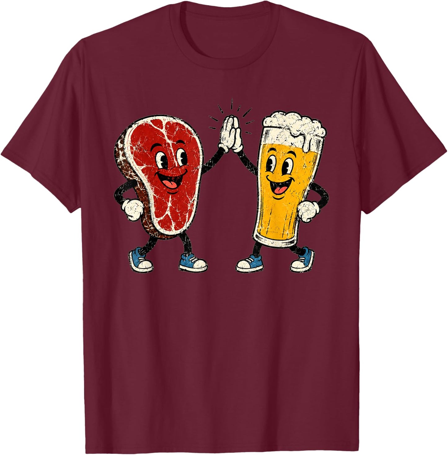 Steak and Suds Funny Steak Beer Retro Cartoon High Five Food T-Shirt - T-Shirt | Maroon