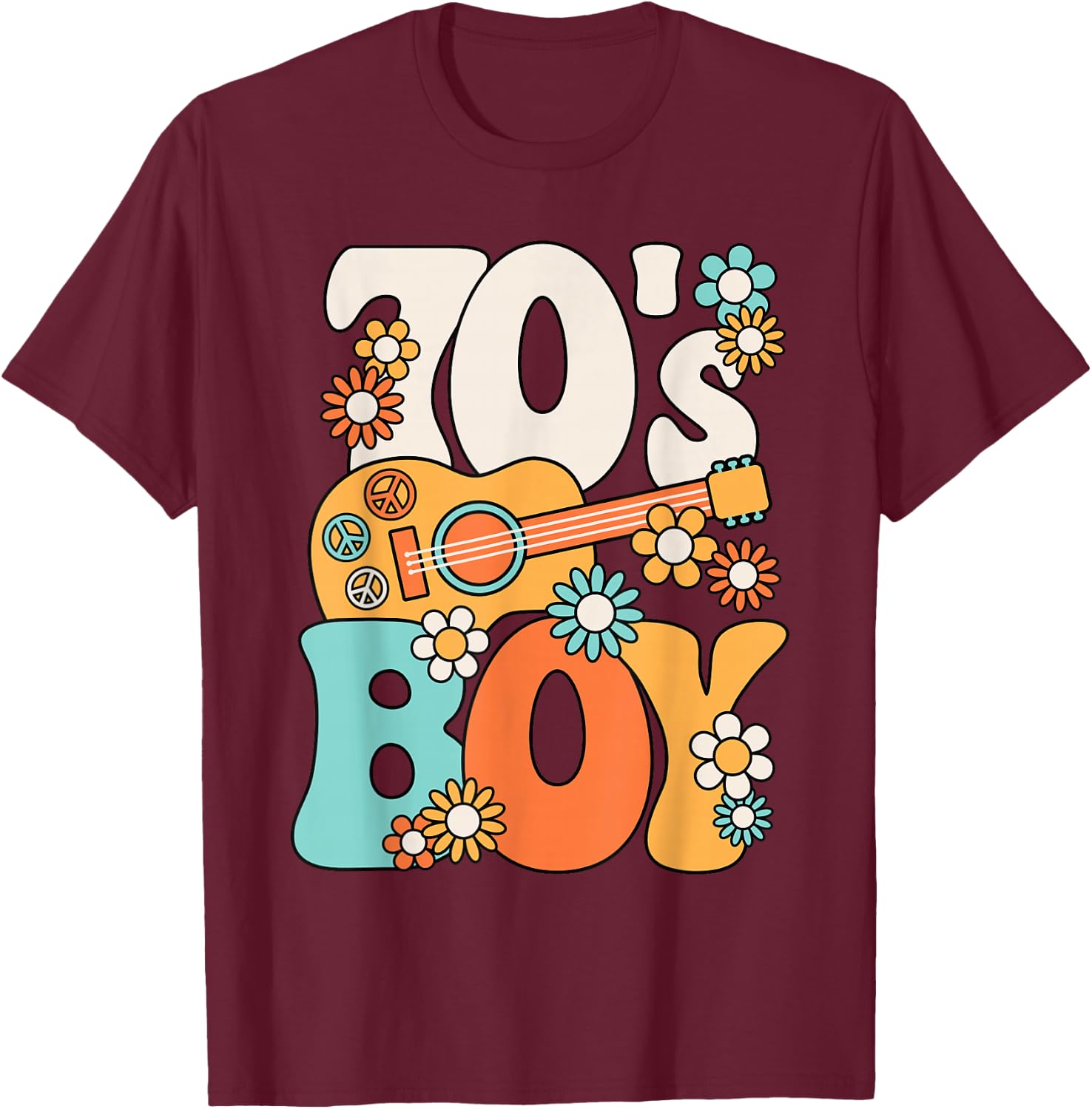 Boys Retro 70s Hippie Costume , Black, S T-Shirt - T-Shirt | Maroon