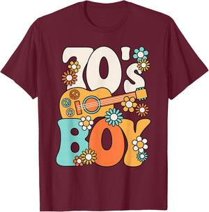 Boys Retro 70s Hippie Costume , Black, S T-Shirt - T-Shirt | Maroon