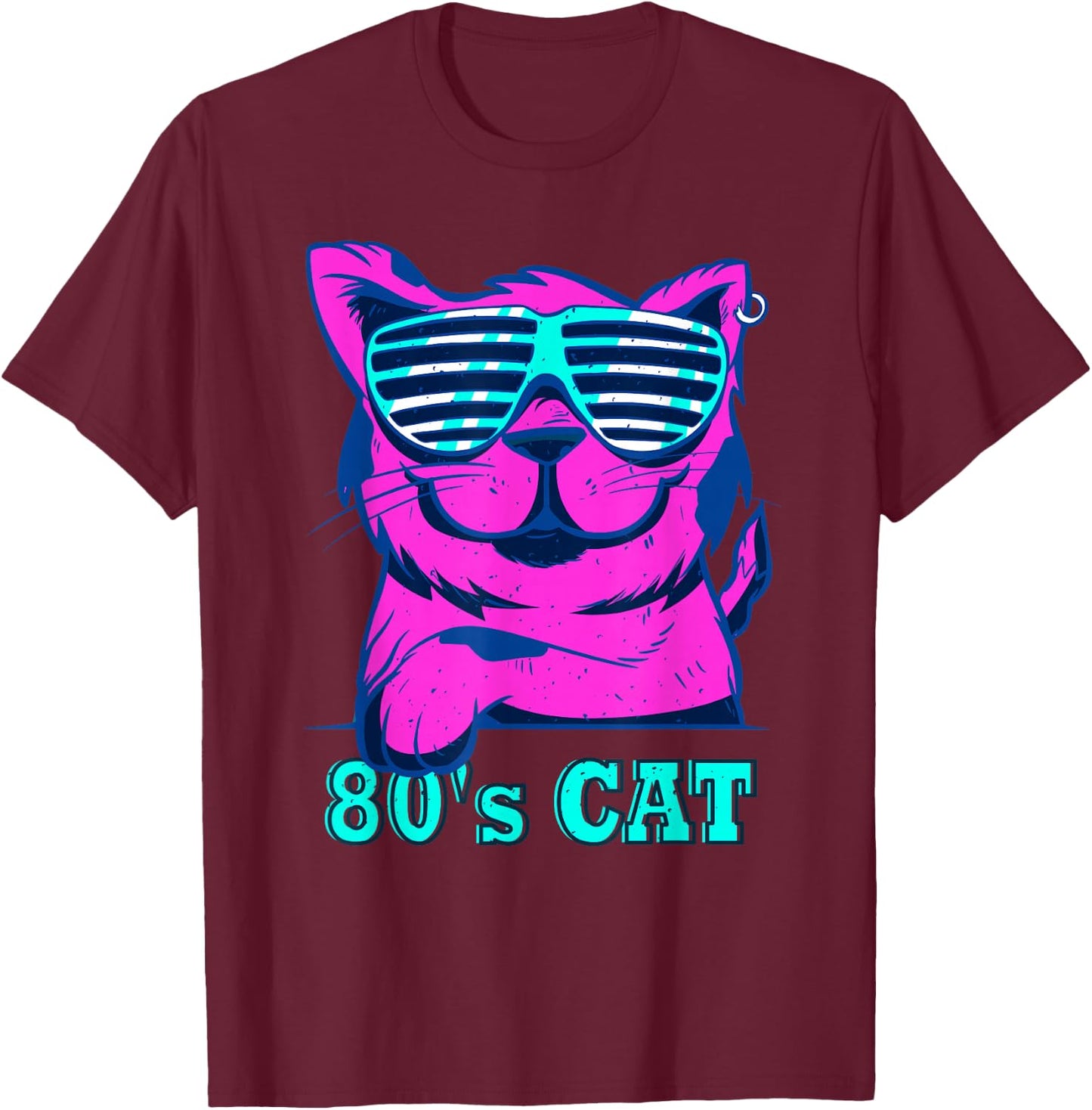80s Colourful Retro Outfit Party Cat , black, s T-Shirt - T-Shirt | Maroon