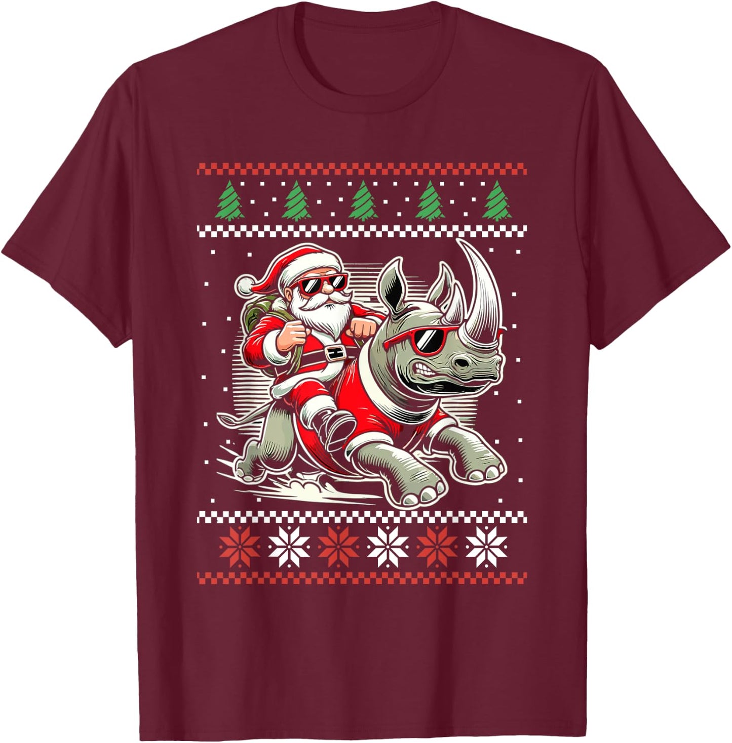 Santa Riding Rhinoceros Ugly Christmas Sweater Rhino Xmas T-Shirt - T-Shirt | Maroon