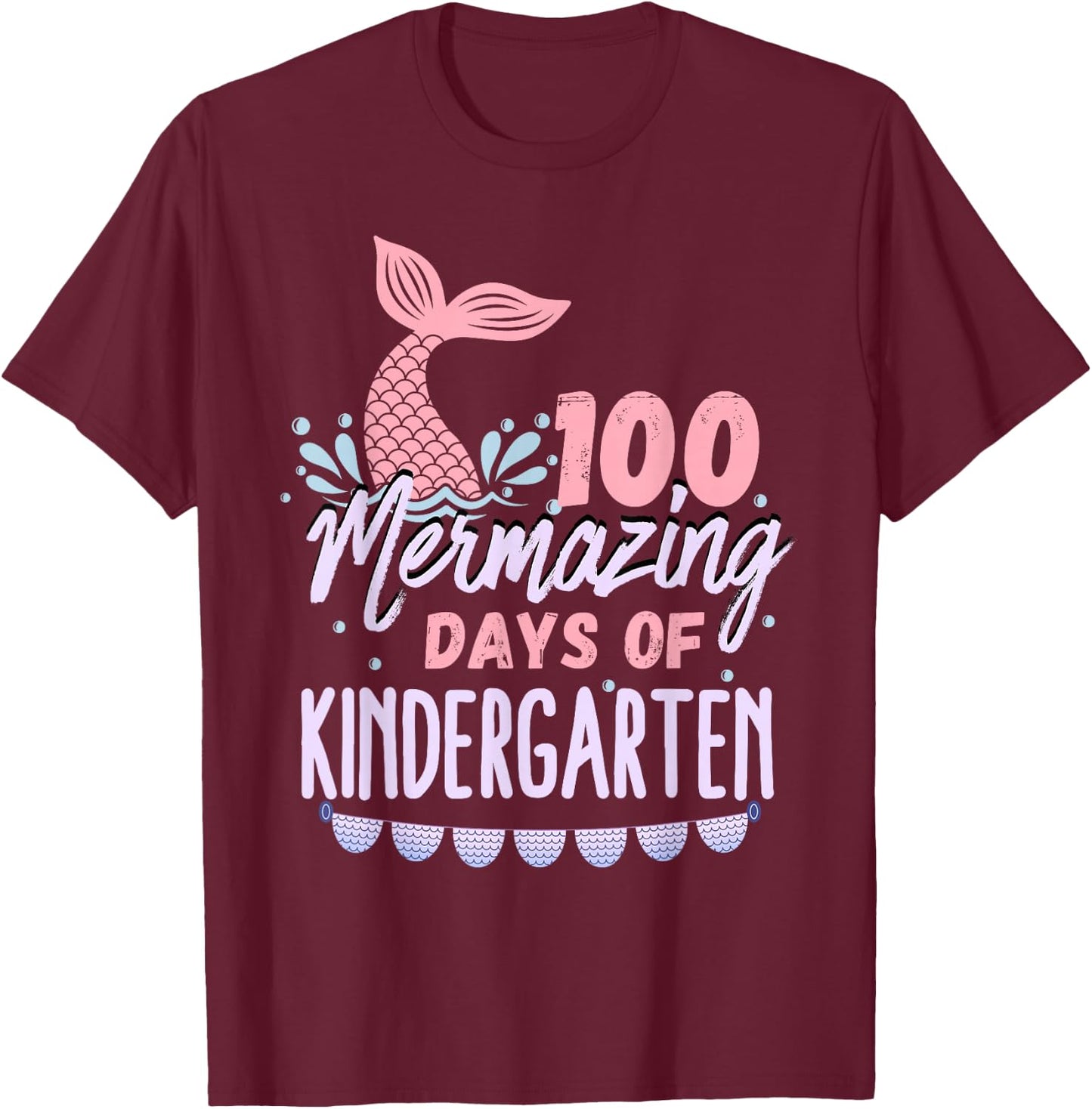 Girls 100 Days Of Kindergarten 100th Day Of School Mermaid T-Shirt - T-Shirt | Maroon