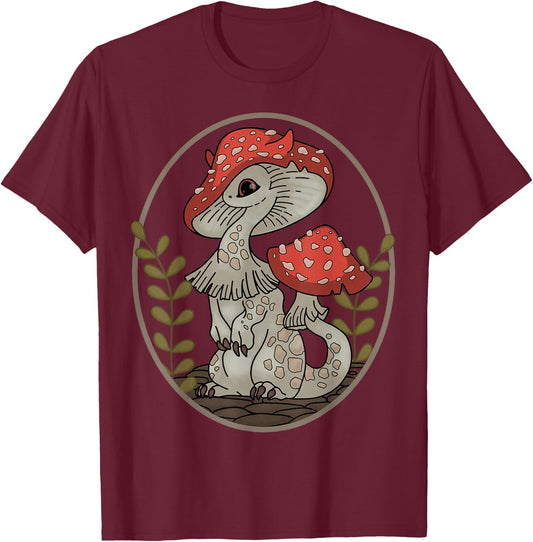 Cottagecore Aesthetic Mystic Dragon Mushroom T-Shirt - T-Shirt | Maroon