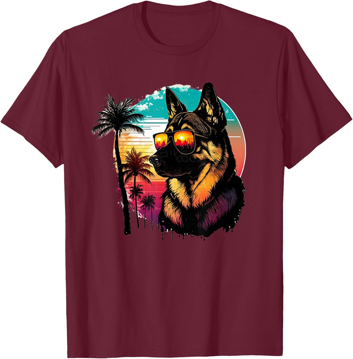 Funny German shepherd Dog Sunglasses Sunset vintage T-Shirt - T-Shirt | Maroon