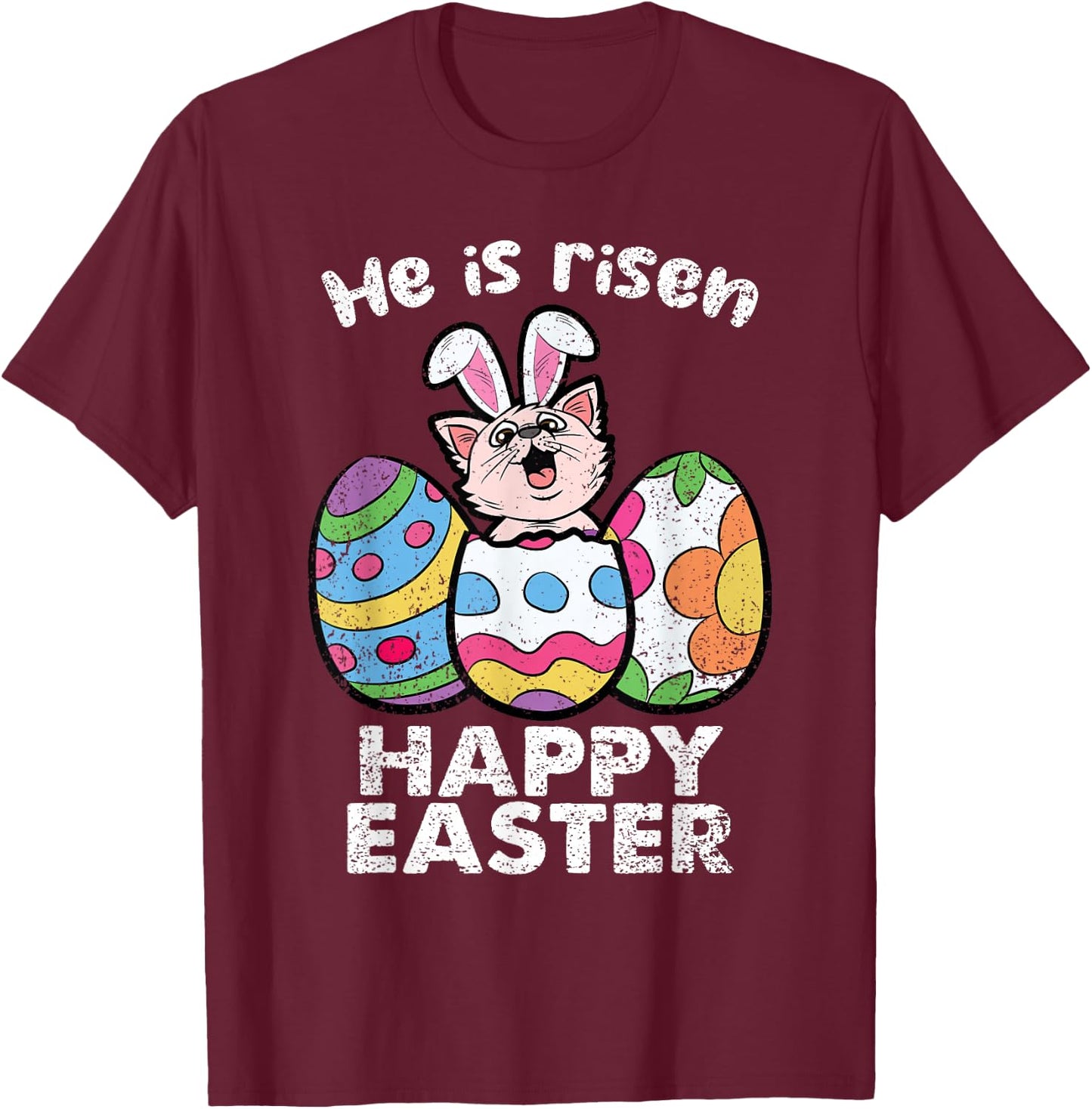 Happy Easter Cat Lover He Is Risen Egg Hunting Kitten Kitty Men Women Girls Kids T-Shirt - T-Shirt | Maroon